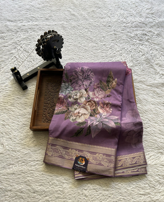 Satin Georgette Tissue Saree Lavender Colored Elegantly Paired with a Zari Border. - Sampradaya Designer Studio