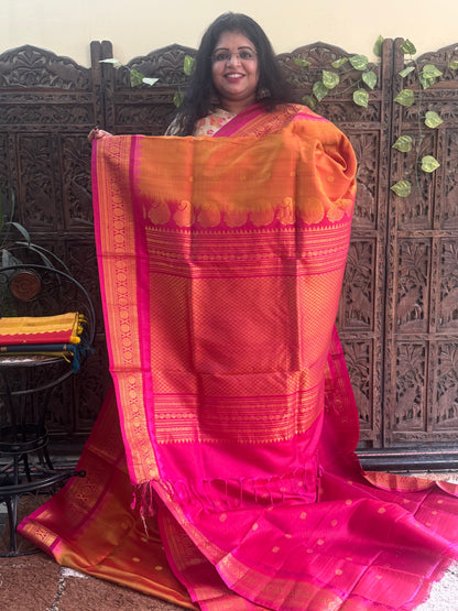 Gadwal Silk Saree Apricot Colored Complemented With Gold Zari Border