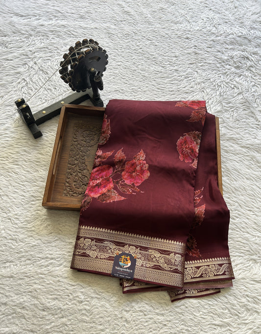 Satin Georgette Tissue Saree Maroon Colored Elegantly Paired with a Zari Border. - Sampradaya Designer Studio