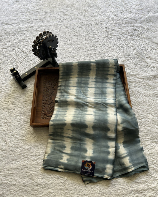 Satin Georgette Bandhani Saree Gray Colored Elegantly Paired with a Borderless. - Sampradaya Designer Studio