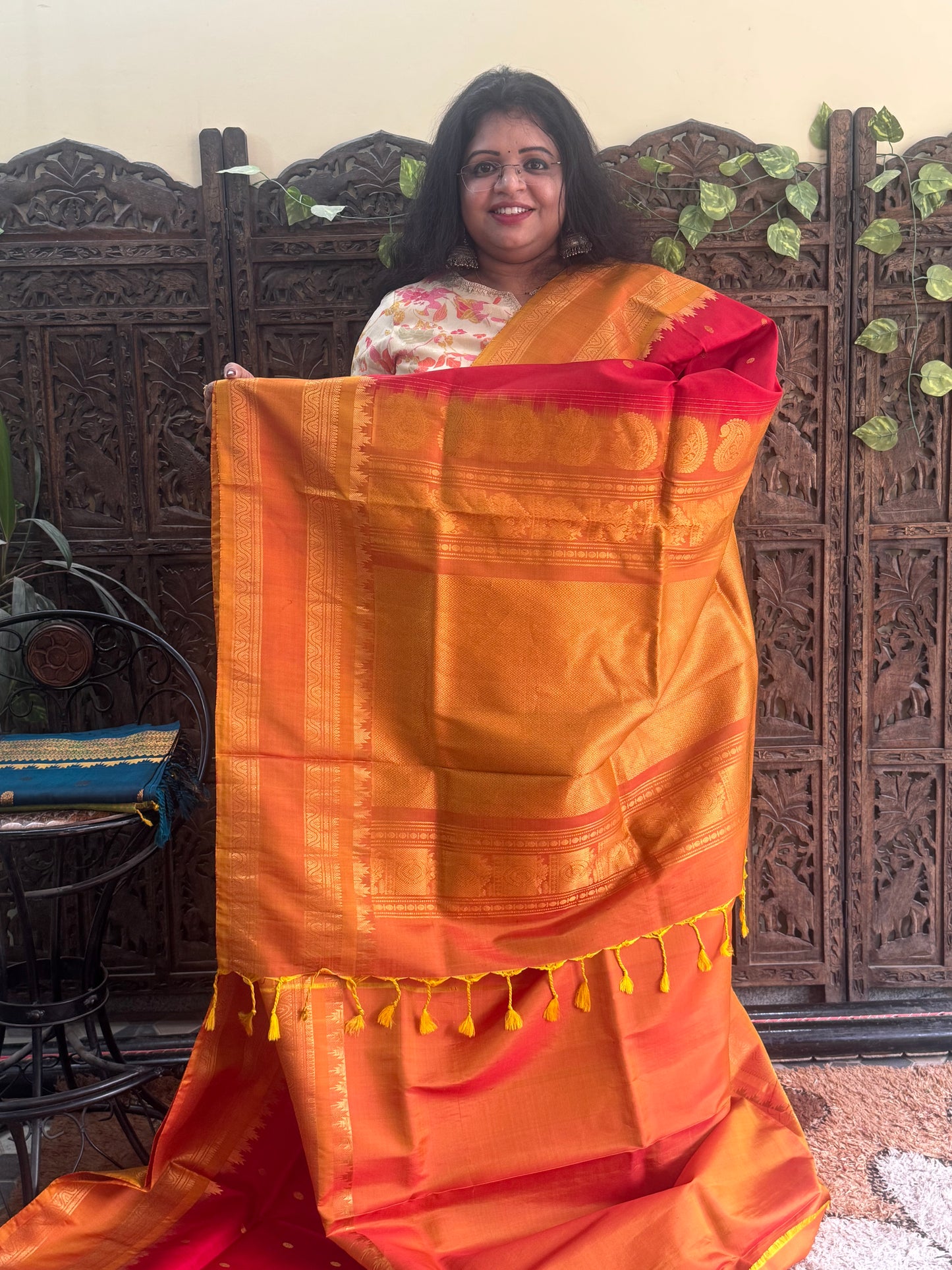 Gadwal Silk Saree Red Colored Complemented With Gold Zari Border - Sampradaya Designer Studio