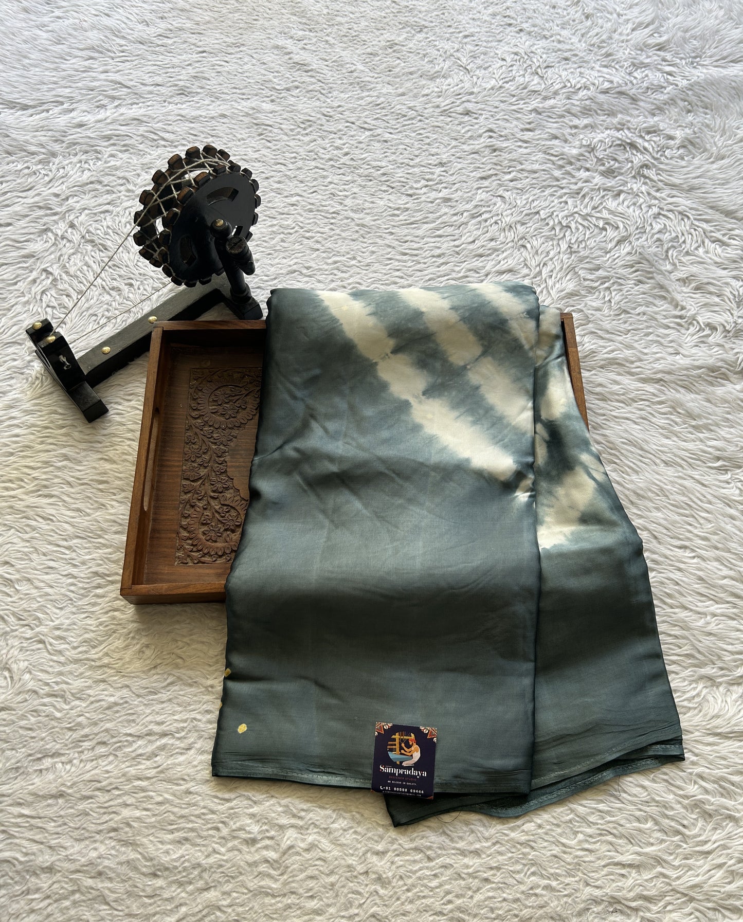 Satin Georgette Bandhani Saree Elephant Gray Colored Elegantly Paired with a Borderless. - Sampradaya Designer Studio