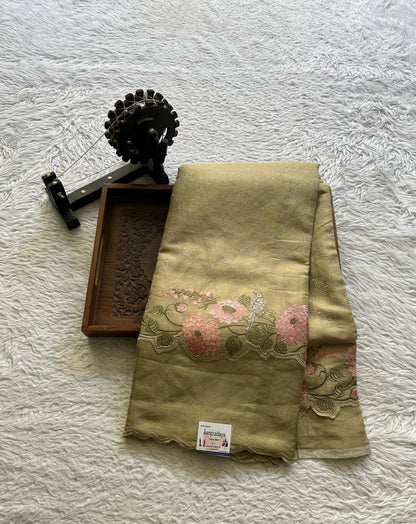 Banarasi Tissue Kora Allover Saree Olive Colored Complemented with a Scallop Border. - Sampradaya Designer Studio