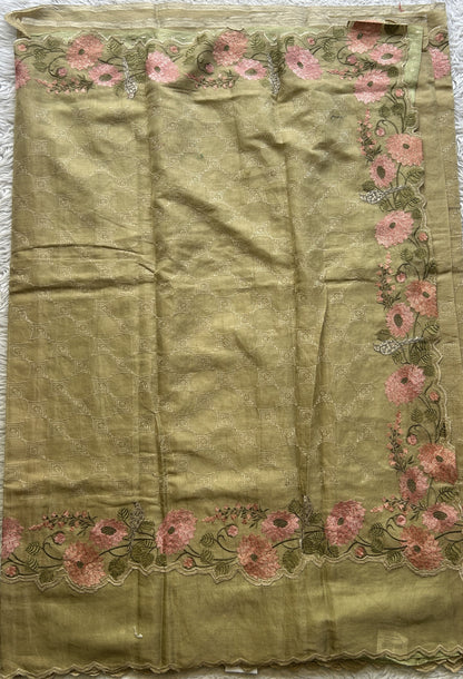 Banarasi Tissue Kora Allover Saree Olive Colored Complemented with a Scallop Border. - Sampradaya Designer Studio