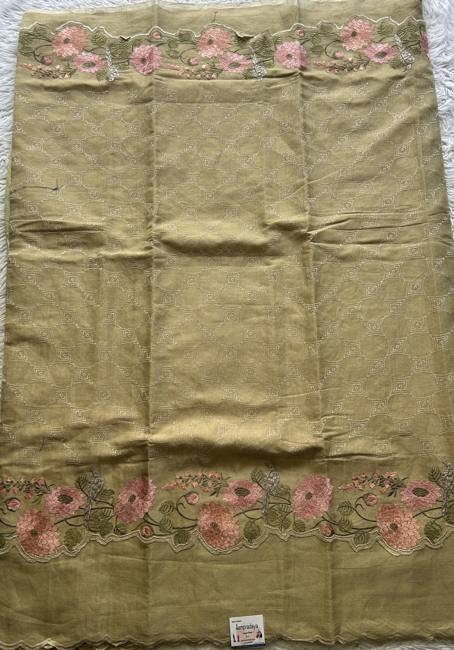 Banarasi Tissue Kora Allover Saree Olive Colored Complemented with a Scallop Border. - Sampradaya Designer Studio