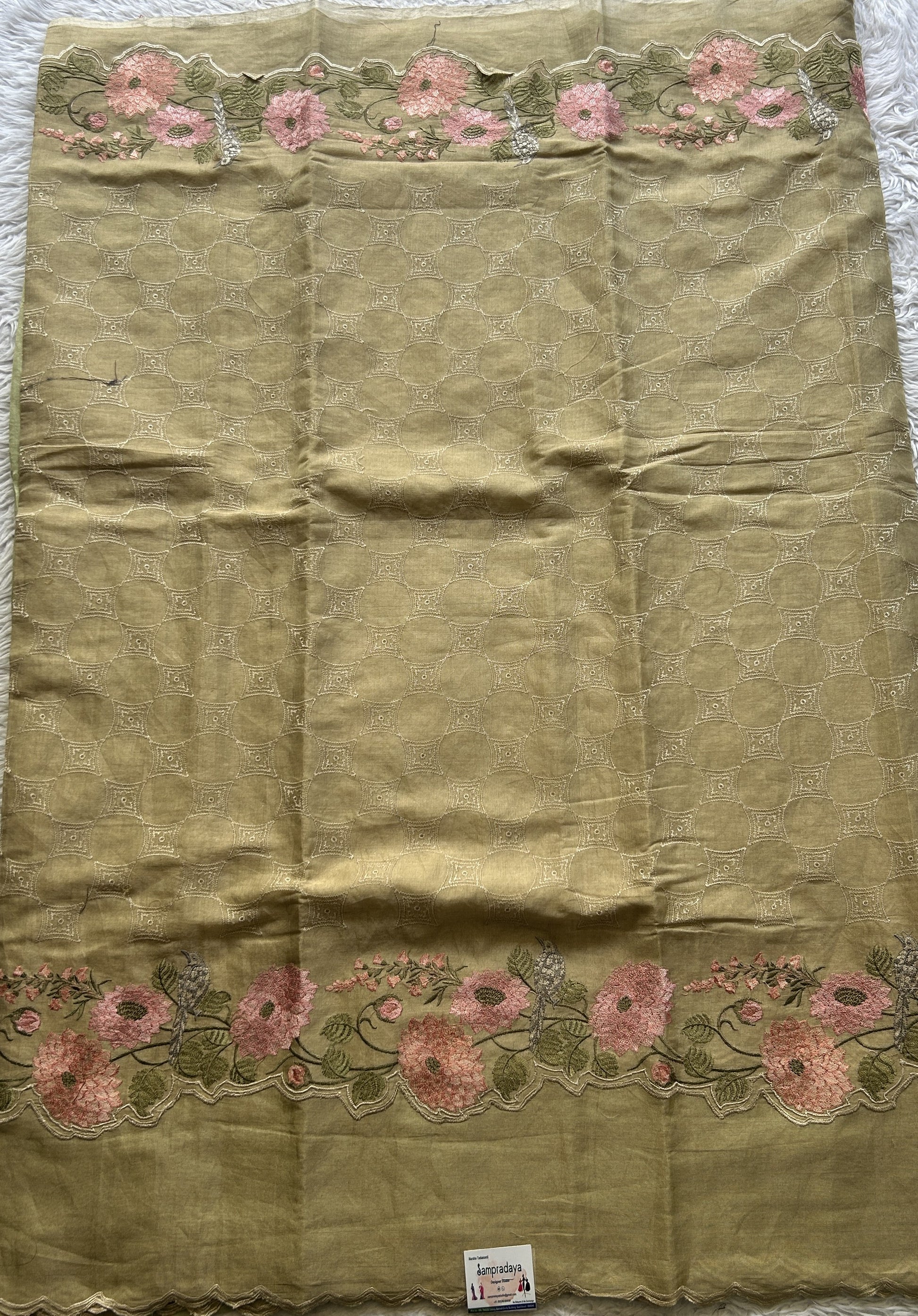 Banarasi Tissue Kora Allover Saree Olive Colored Complemented with a Scallop Border. - Sampradaya Designer Studio