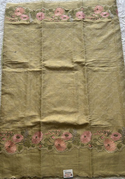 Banarasi Tissue Kora Allover Saree Olive Colored Complemented with a Scallop Border. - Sampradaya Designer Studio