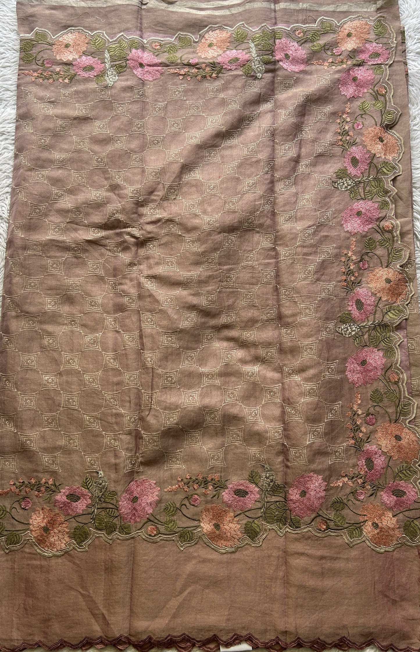 Banarasi Tissue Kora Allover Saree Onion Pink Colored Complemented with a Scallop Border. - Sampradaya Designer Studio