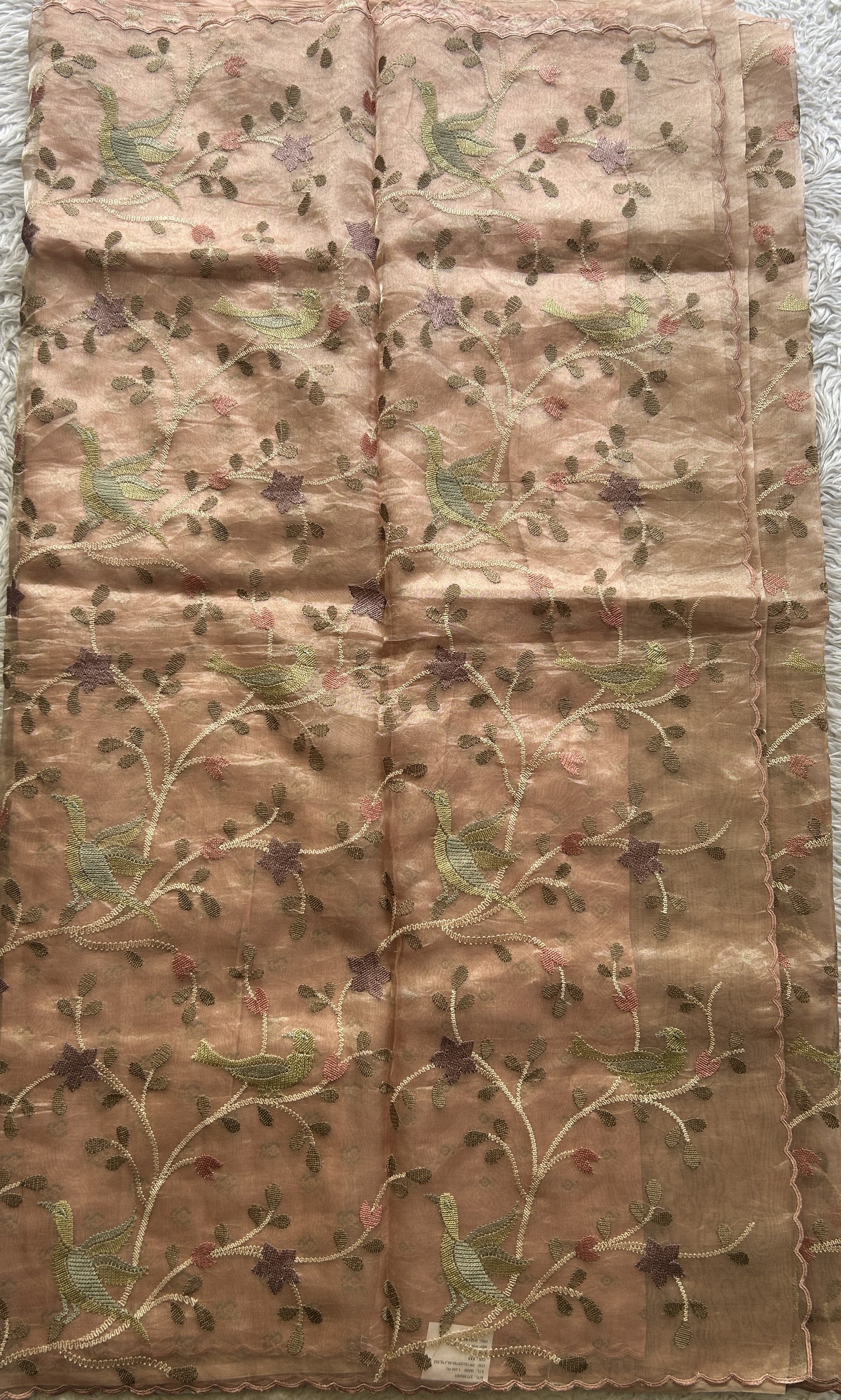 Banarasi Tissue Kora Allover Saree Peach Colored Complemented with a Scallop Border. - Sampradaya Designer Studio