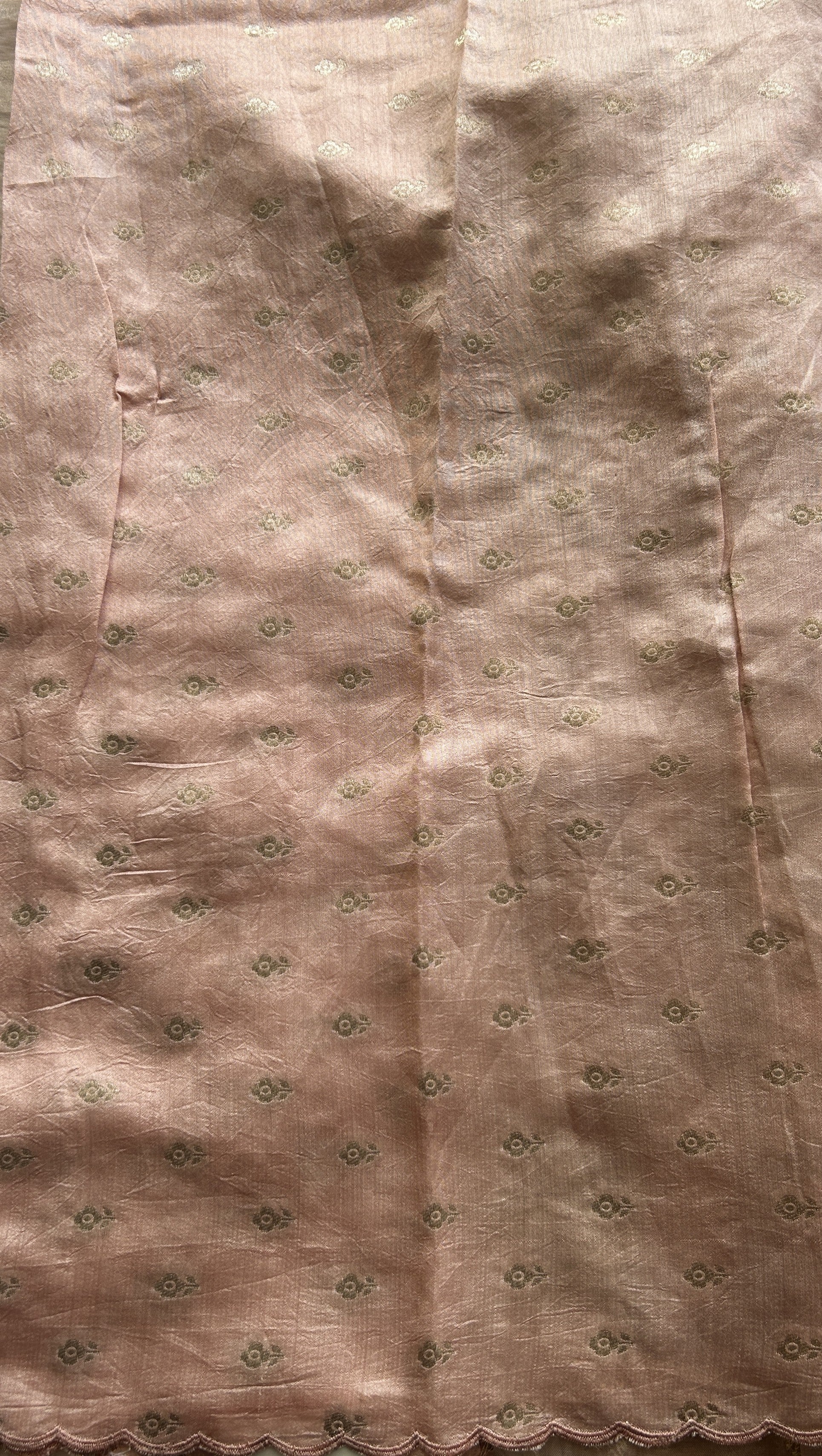 Banarasi Tissue Kora Allover Saree Peach Colored Complemented with a Scallop Border. - Sampradaya Designer Studio