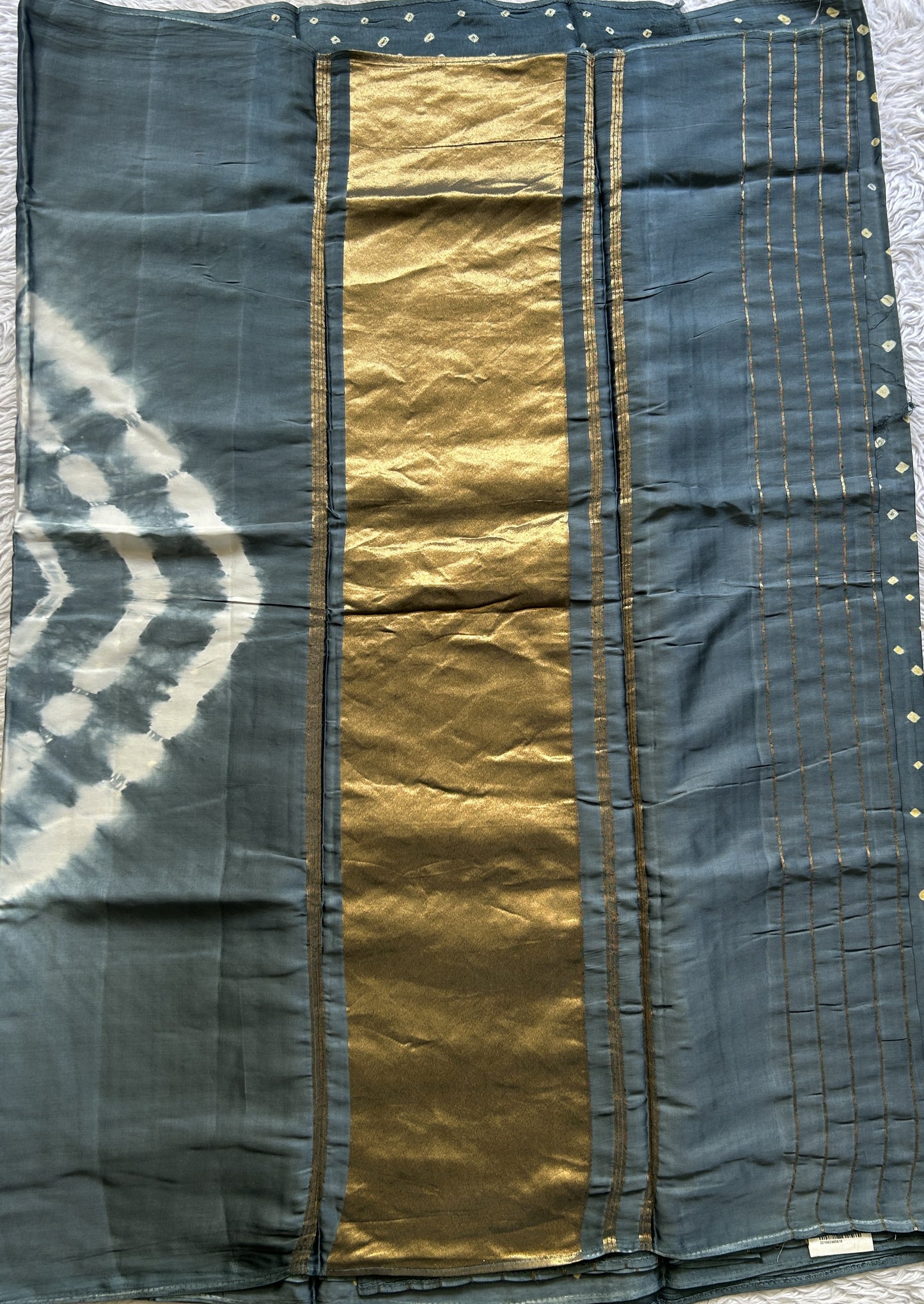 Satin Georgette Bandhani Saree Elephant Gray Colored Elegantly Paired with a Borderless. - Sampradaya Designer Studio