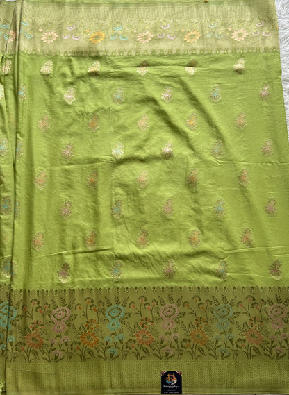 Semi Georgette Saree Lime Green Colored Complemented with a Zari Border. - Sampradaya Designer Studio