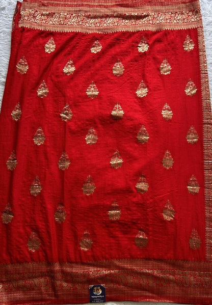 Semi Georgette Saree Red Colored Complemented with a Zari Border. - Sampradaya Designer Studio
