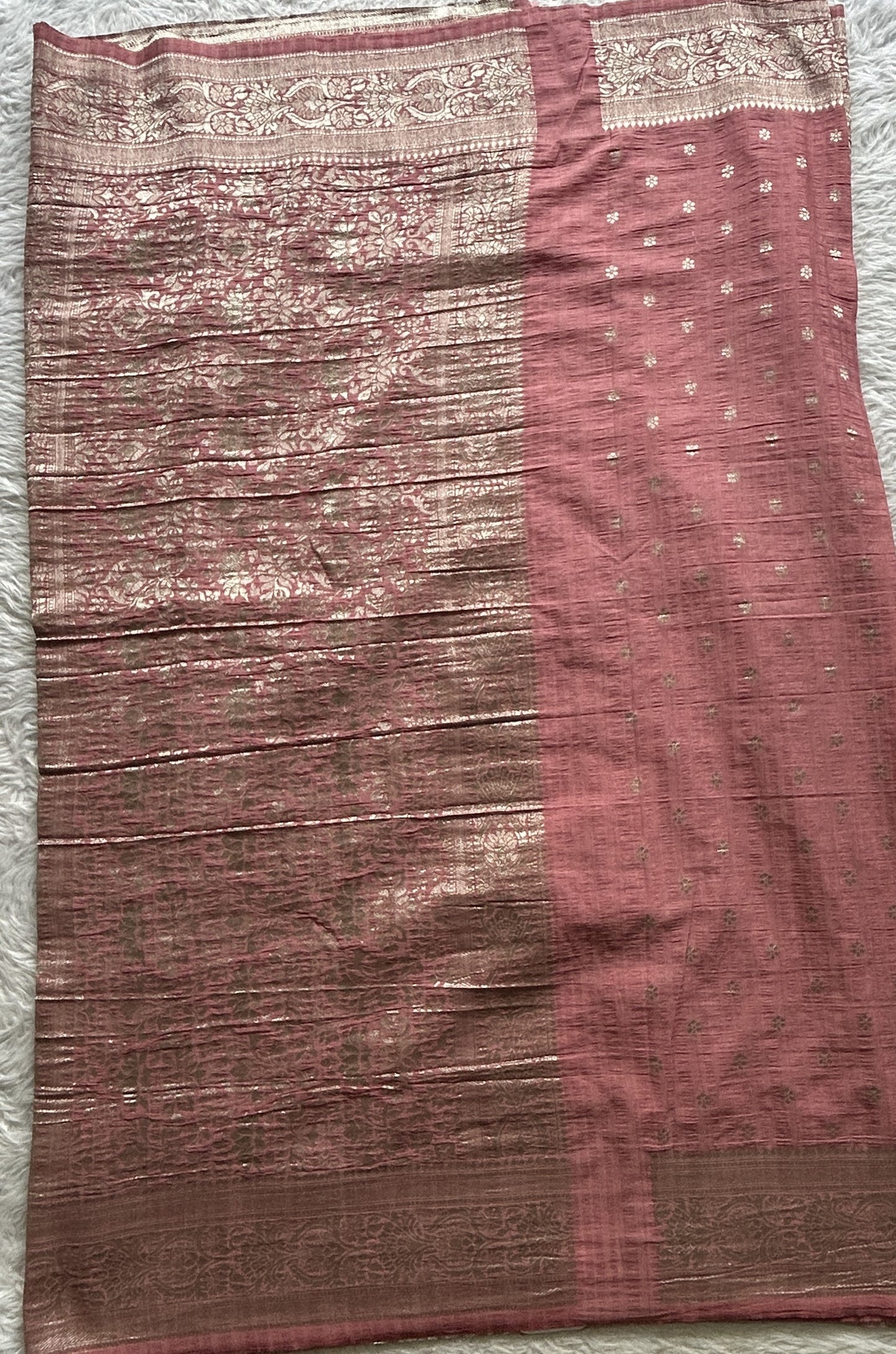 Semi Georgette Saree Pink Colored Complemented with a Zari Border. - Sampradaya Designer Studio