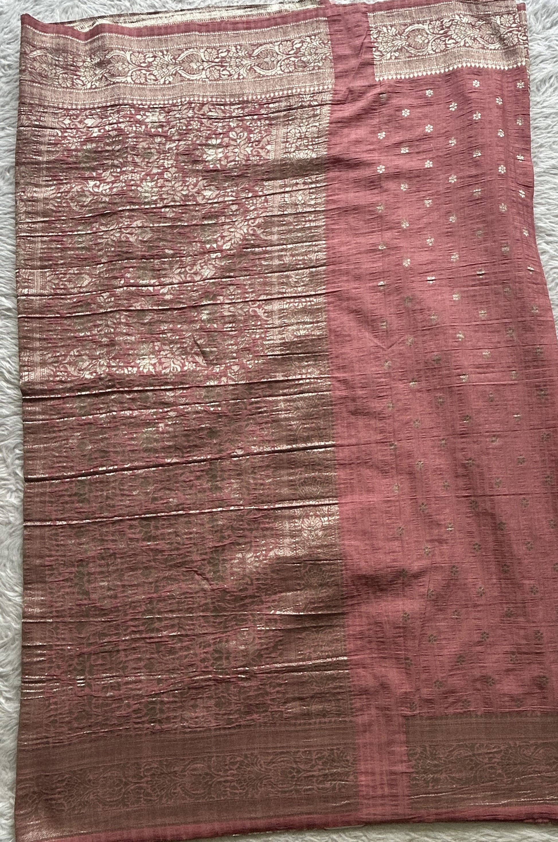 Semi Georgette Saree Pink Colored Complemented with a Zari Border. - Sampradaya Designer Studio