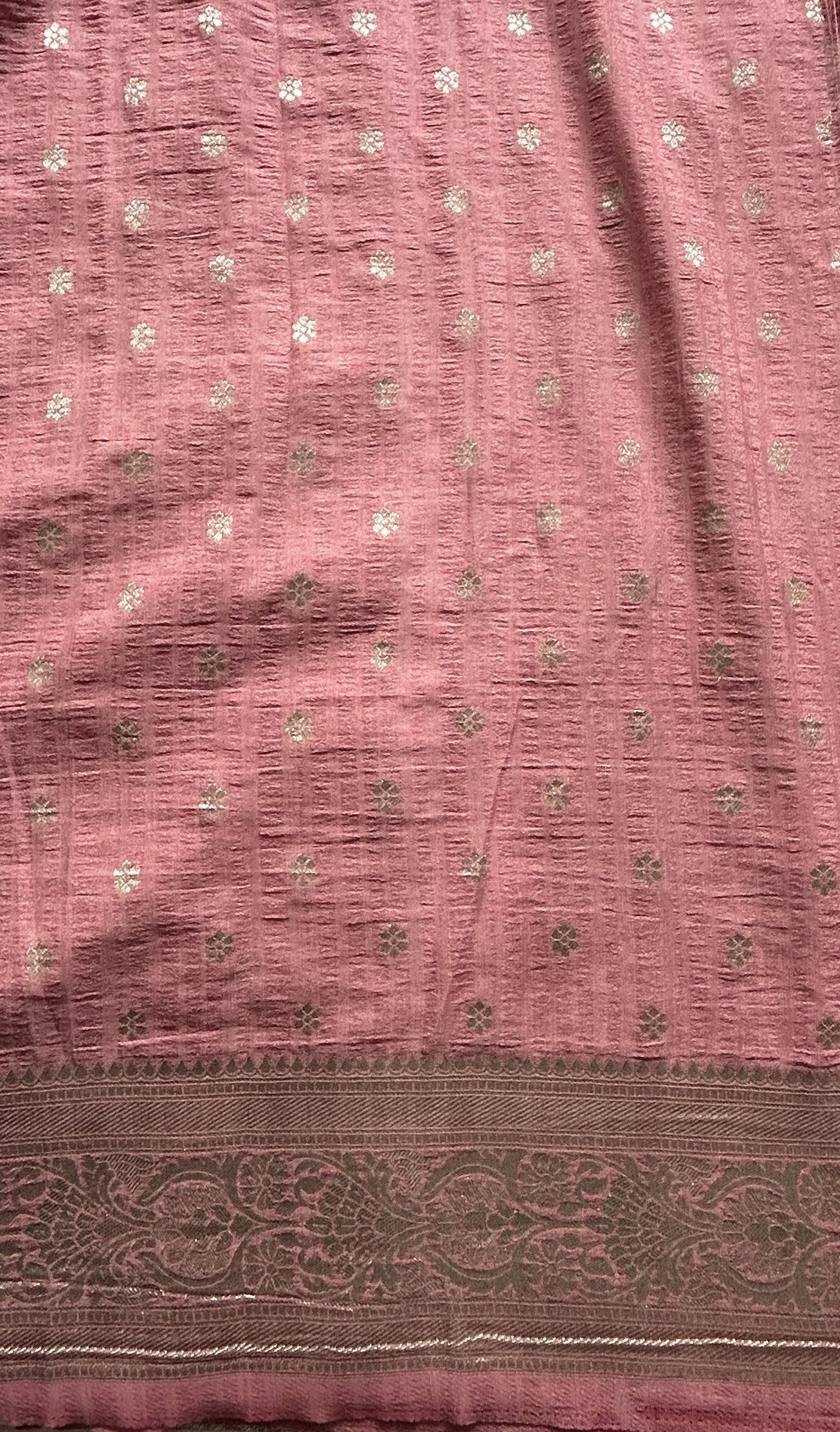 Semi Georgette Saree Pink Colored Complemented with a Zari Border. - Sampradaya Designer Studio