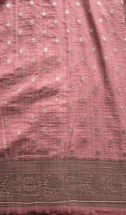 Semi Georgette Saree Pink Colored Complemented with a Zari Border. - Sampradaya Designer Studio