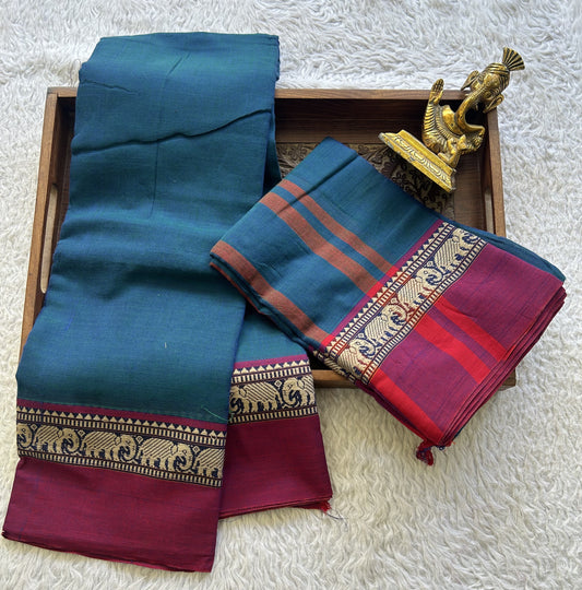 Narayanpet Cotton Dress Material – Dark Peacock Blue Color | Handloom Cotton