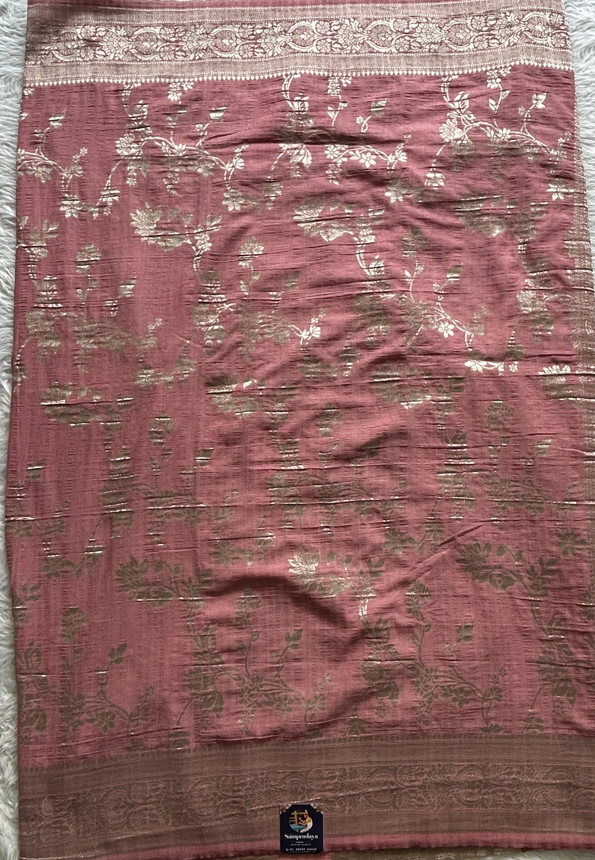 Semi Georgette Saree Pink Colored Complemented with a Zari Border. - Sampradaya Designer Studio