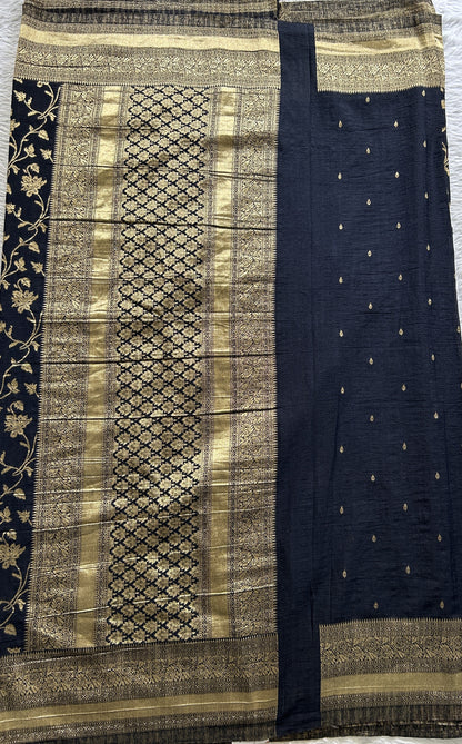 Semi Georgette Saree Carbon Blue Colored Complemented with a Zari Border. - Sampradaya Designer Studio