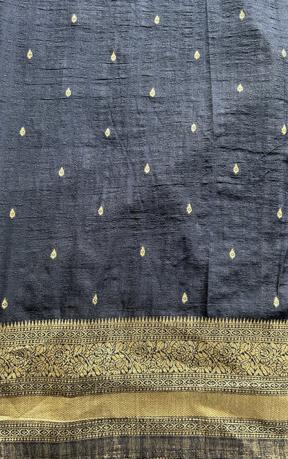 Semi Georgette Saree Carbon Blue Colored Complemented with a Zari Border. - Sampradaya Designer Studio