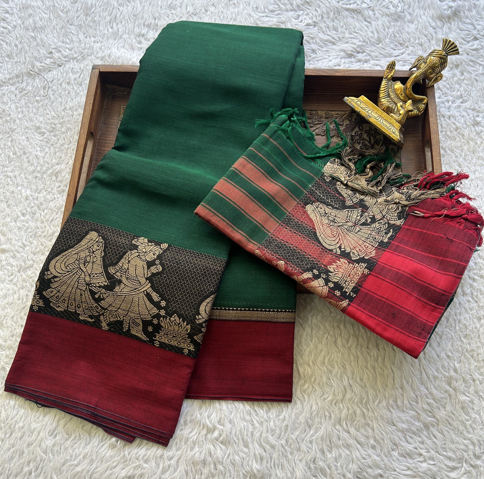 Narayanpet Cotton Dress Material – Dark Bottle Green Color | Handloom Cotton - Sampradaya Designer Studio