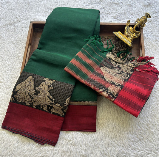 Narayanpet Cotton Dress Material – Dark Bottle Green Color | Handloom Cotton - Sampradaya Designer Studio