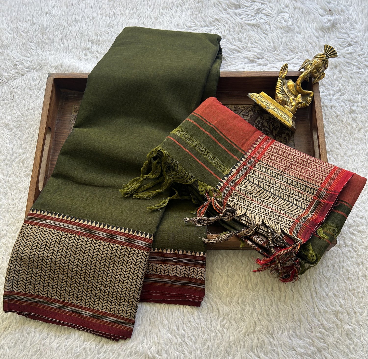 Narayanpet Cotton Dress Material – Dark Army Green Color | Handloom Cotton - Sampradaya Designer Studio