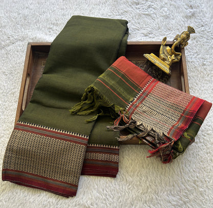 Narayanpet Cotton Dress Material – Dark Army Green Color | Handloom Cotton