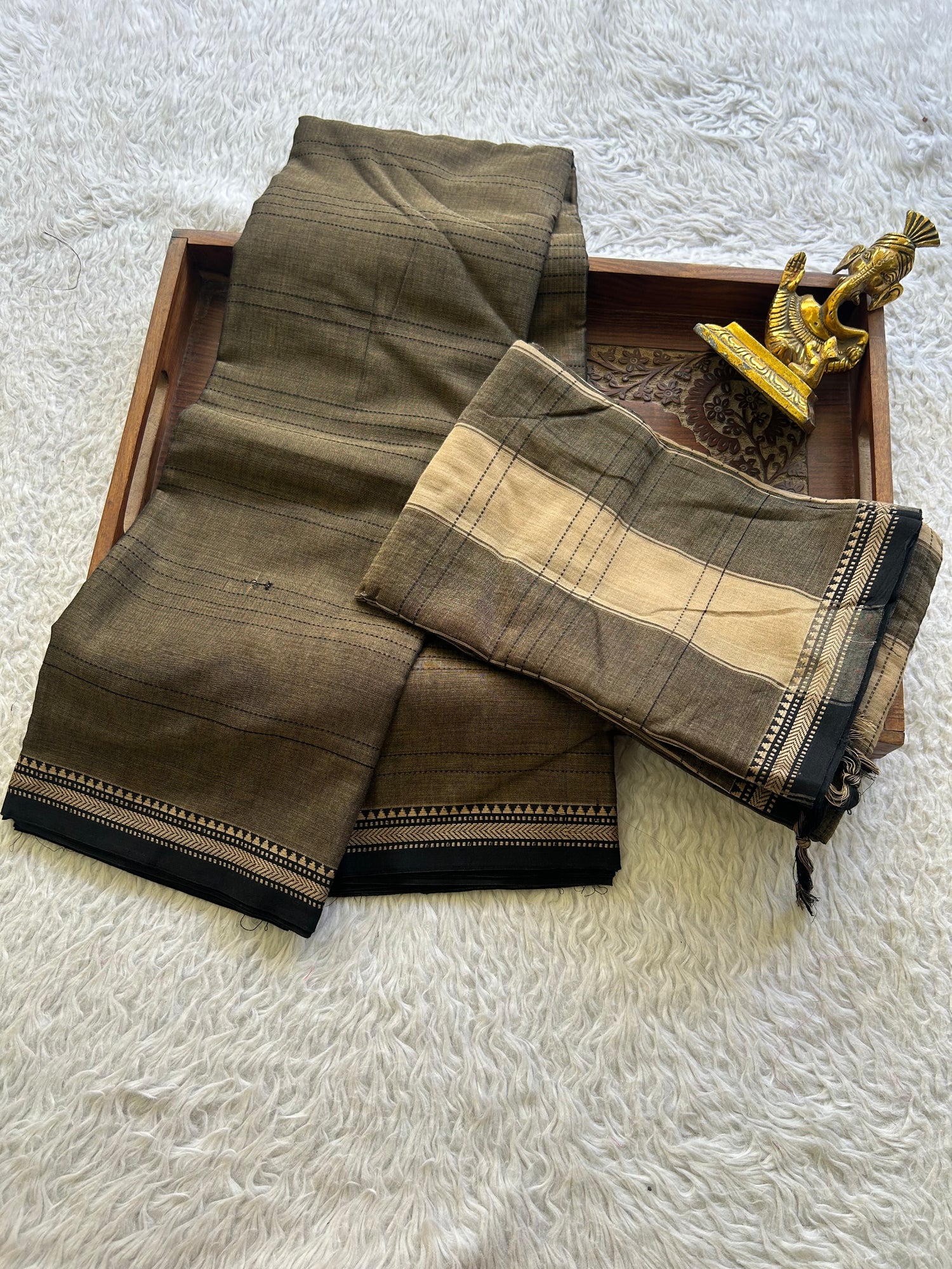 Narayanpet Cotton Dress Material – Taupe Color Thread Border | Handloom Cotton - Sampradaya Designer Studio