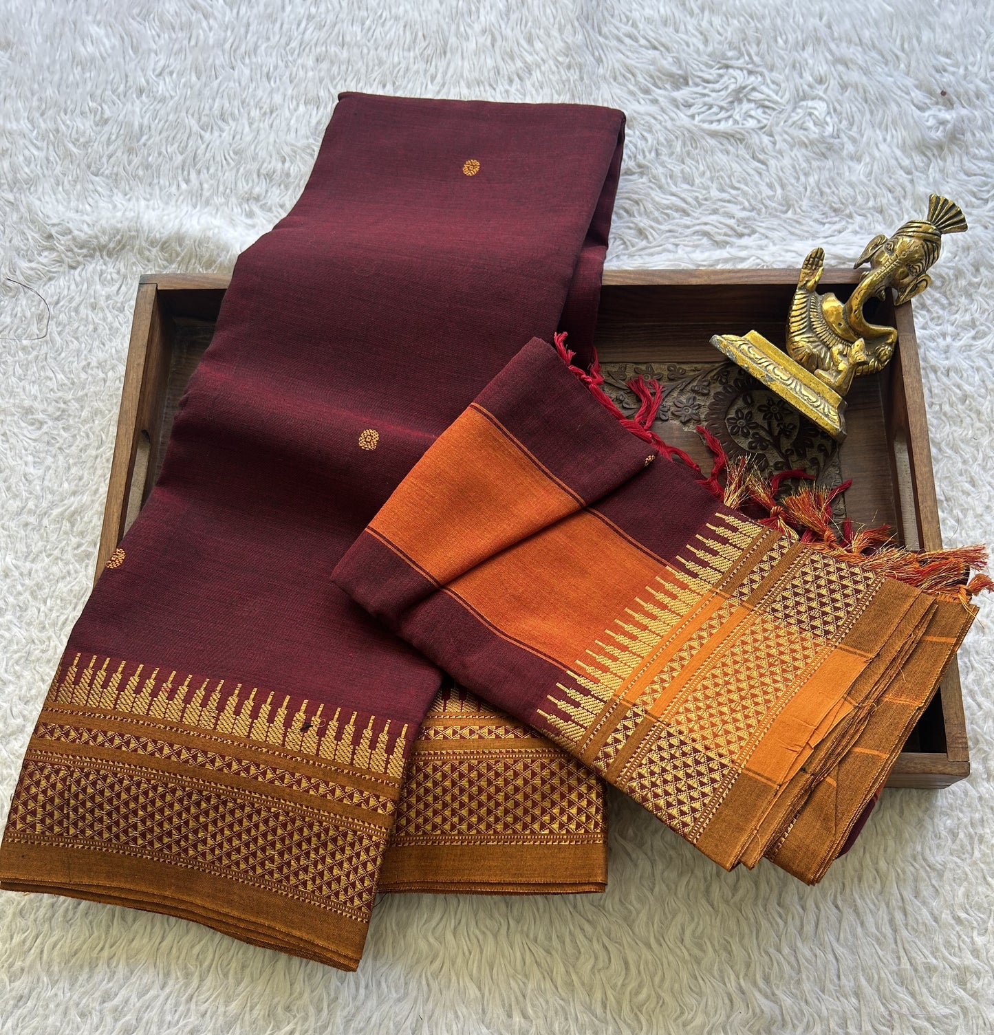 Narayanpet Cotton Dress Material – Marron Color Gold Zari Border | Handloom Cotton
