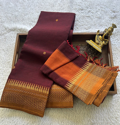 Narayanpet Cotton Dress Material – Marron Color Gold Zari Border | Handloom Cotton