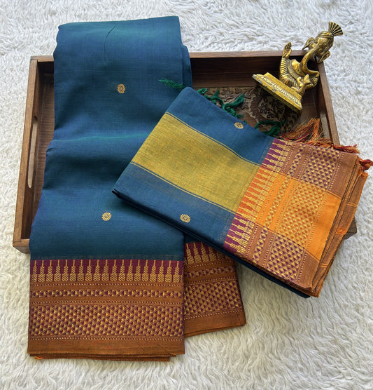 Narayanpet Cotton Dress Material – Sapphire Color Gold Zari Border | Handloom Cotton