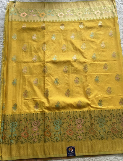 Semi Georgette Saree Yellow Colored Complemented with a Zari Border. - Sampradaya Designer Studio