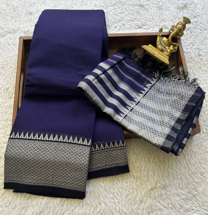 Narayanpet Cotton Dress Material – Eggplant Color Silver Zari Border | Handloom Cotton