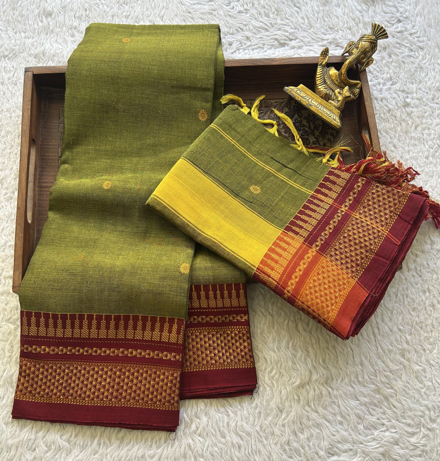 Narayanpet Cotton Dress Material – Dark Olive Green Color Gold Zari Border | Handloom Cotton