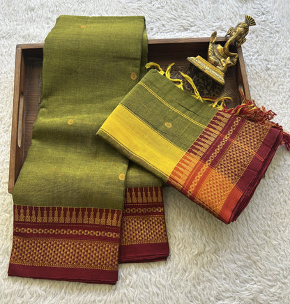 Narayanpet Cotton Dress Material – Dark Olive Green Color Gold Zari Border | Handloom Cotton