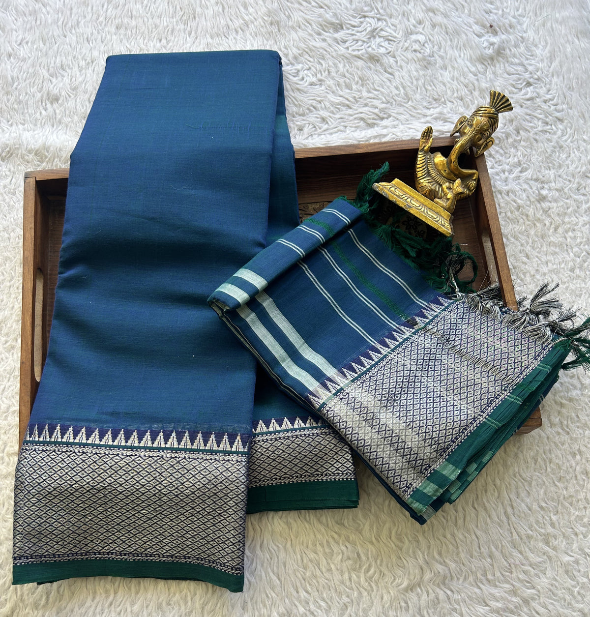 Narayanpet Cotton Dress Material – Sapphire Color Silver Zari Border | Handloom Cotton - Sampradaya Designer Studio