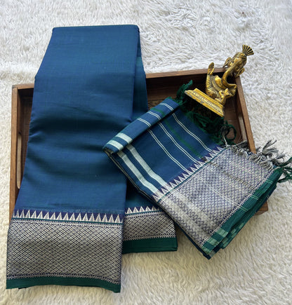 Narayanpet Cotton Dress Material – Sapphire Color Silver Zari Border | Handloom Cotton