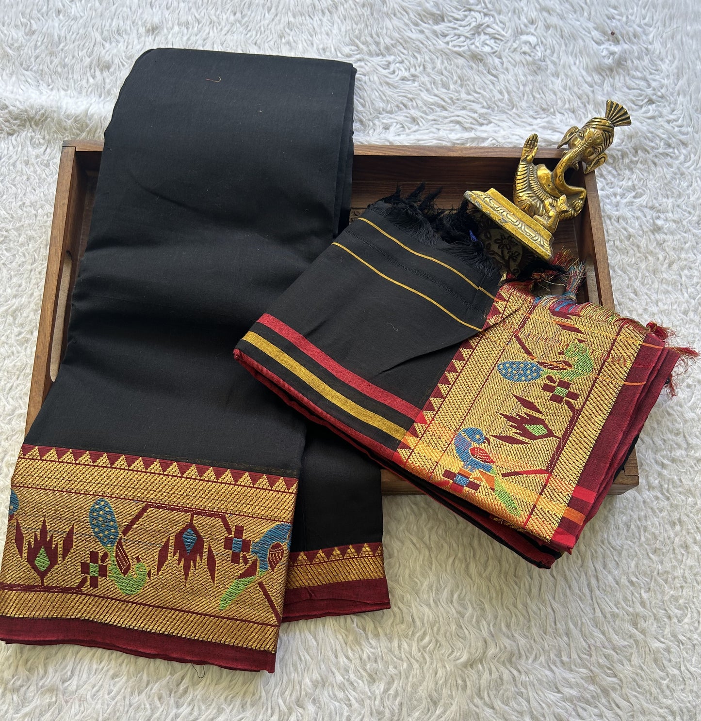Narayanpet Cotton Dress Material – Black Color Gold Zari Border | Handloom Cotton