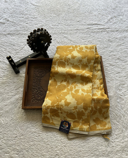 Fancy Linen Saree Yellow Colored Complemented with a Lace Border. - Sampradaya Designer Studio