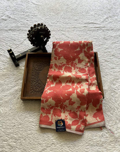 Fancy Linen Saree Peach Colored Complemented with a Lace Border. - Sampradaya Designer Studio
