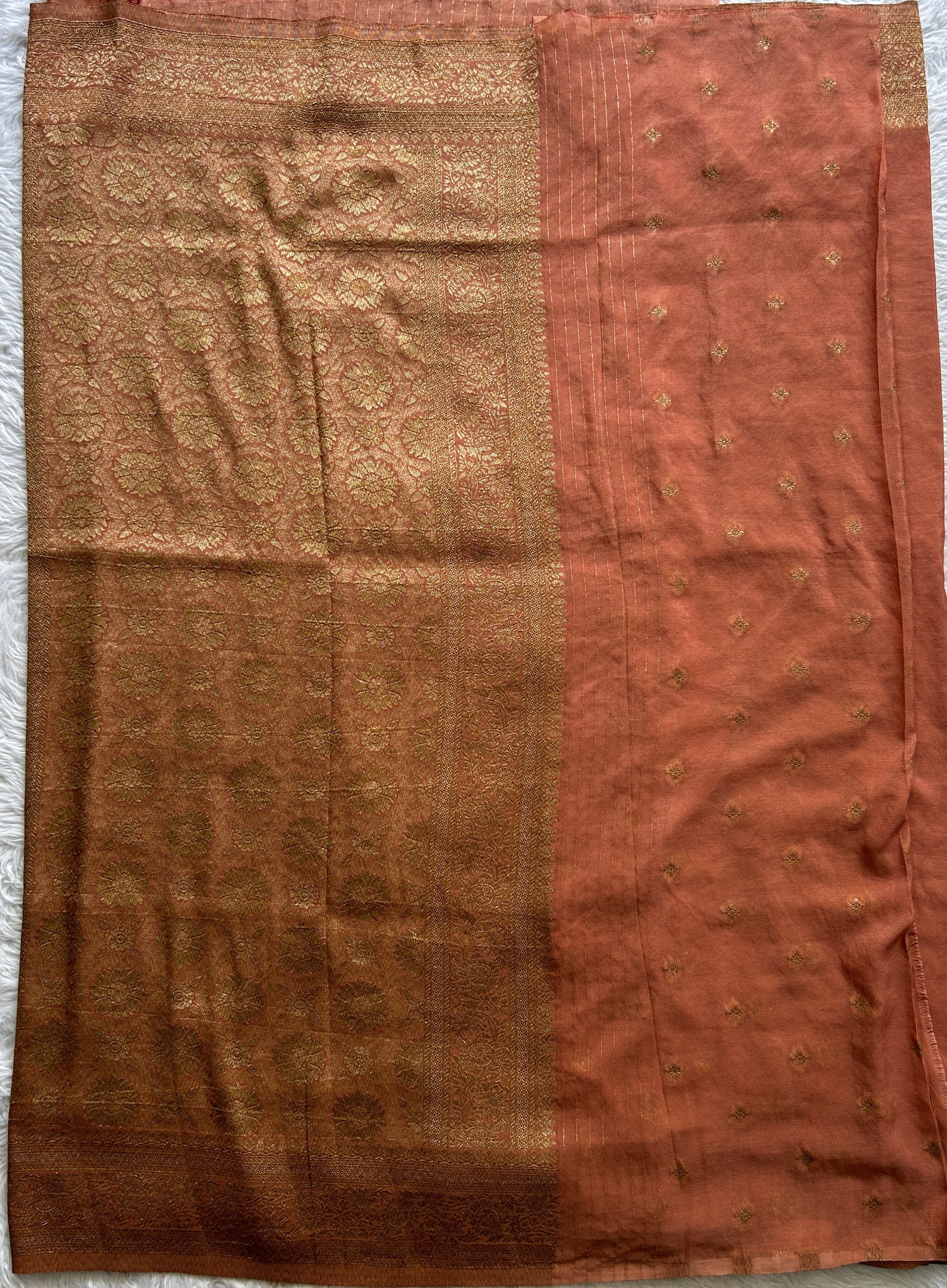 Semi Georgette Saree Dark Peach Colored Complemented with a Zari Border. - Sampradaya Designer Studio