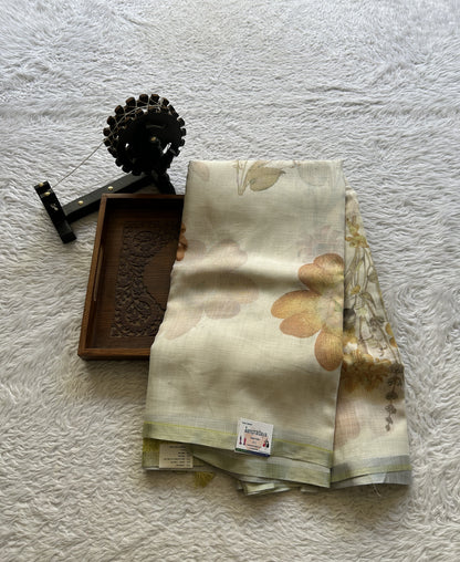 Fancy Linen Saree Off White Colored Complemented with a Lace Border. - Sampradaya Designer Studio