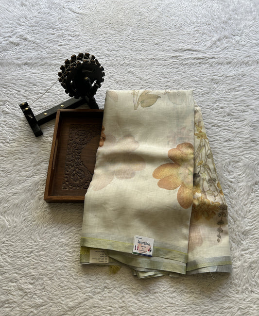 Fancy Linen Saree Off White Colored Complemented with a Lace Border. - Sampradaya Designer Studio