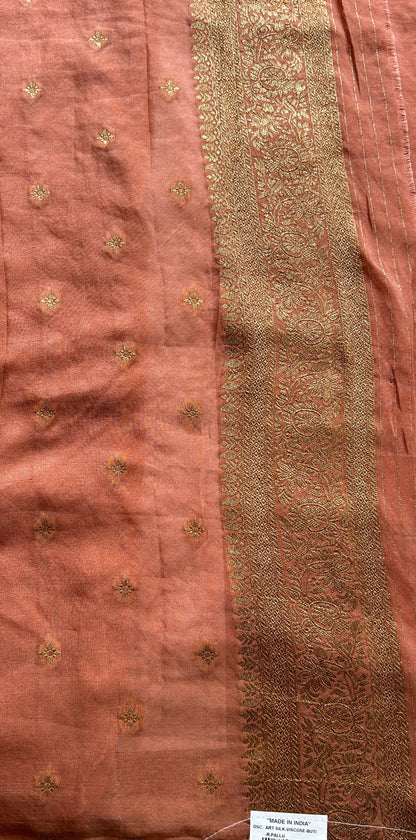 Semi Georgette Saree Dark Peach Colored Complemented with a Zari Border. - Sampradaya Designer Studio