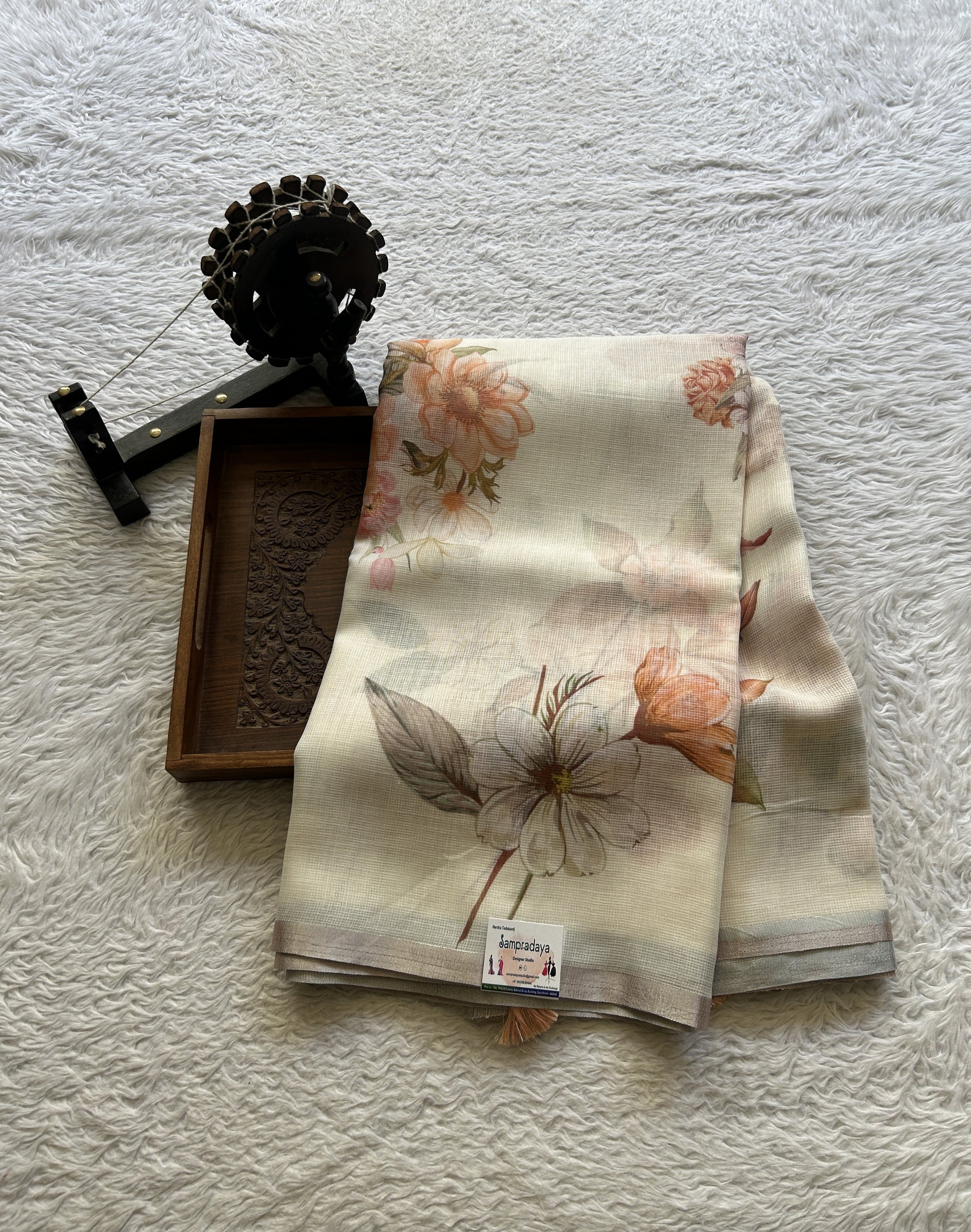 Fancy Linen Saree Off White Colored Elegantly Paired with a Lace Border. - Sampradaya Designer Studio