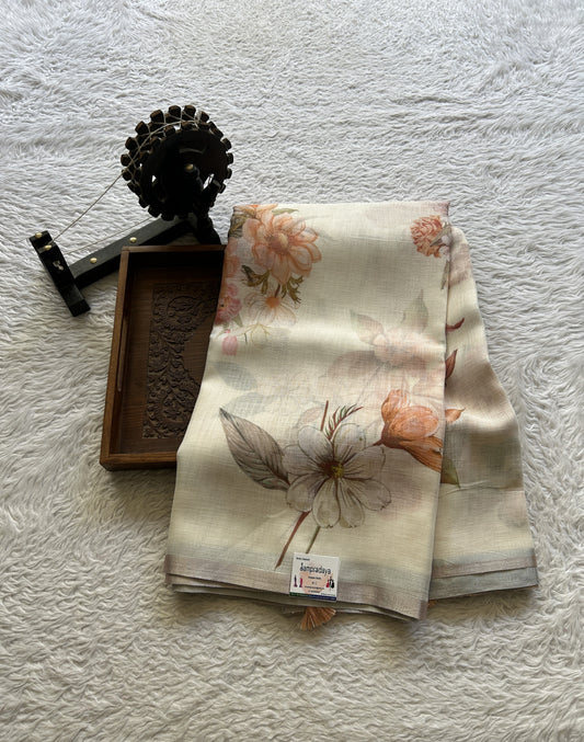Fancy Linen Saree Off White Colored Elegantly Paired with a Lace Border. - Sampradaya Designer Studio