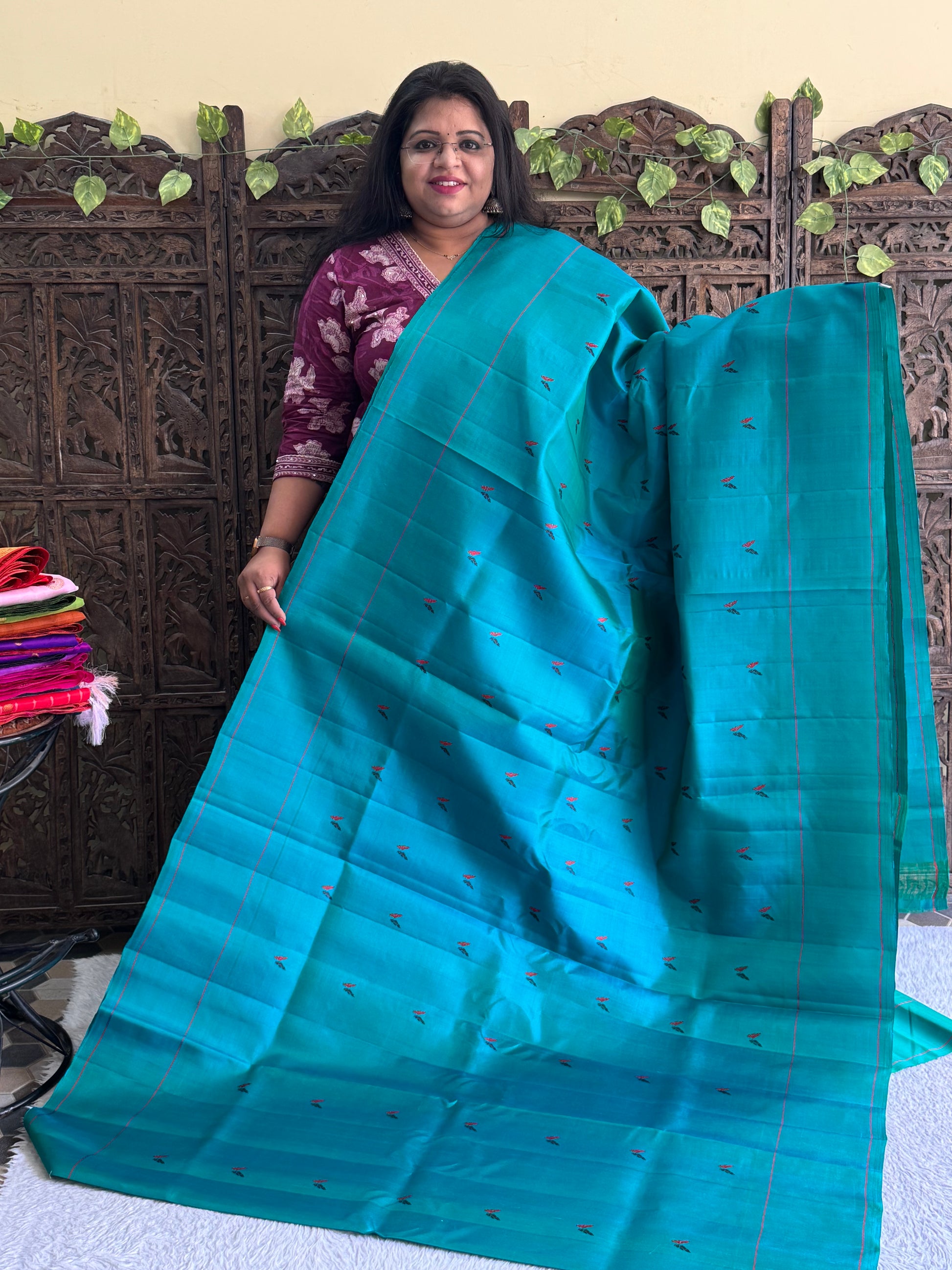 Gadwal Silk Saree Turquoise Colored Complemented With Plain Border - Sampradaya Designer Studio