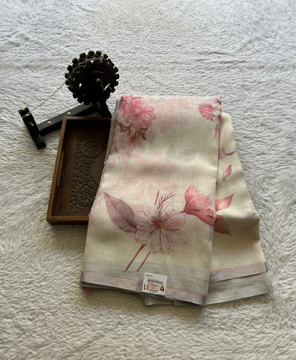 Fancy Linen Saree White Colored Exquisite with a Lace Border. - Sampradaya Designer Studio